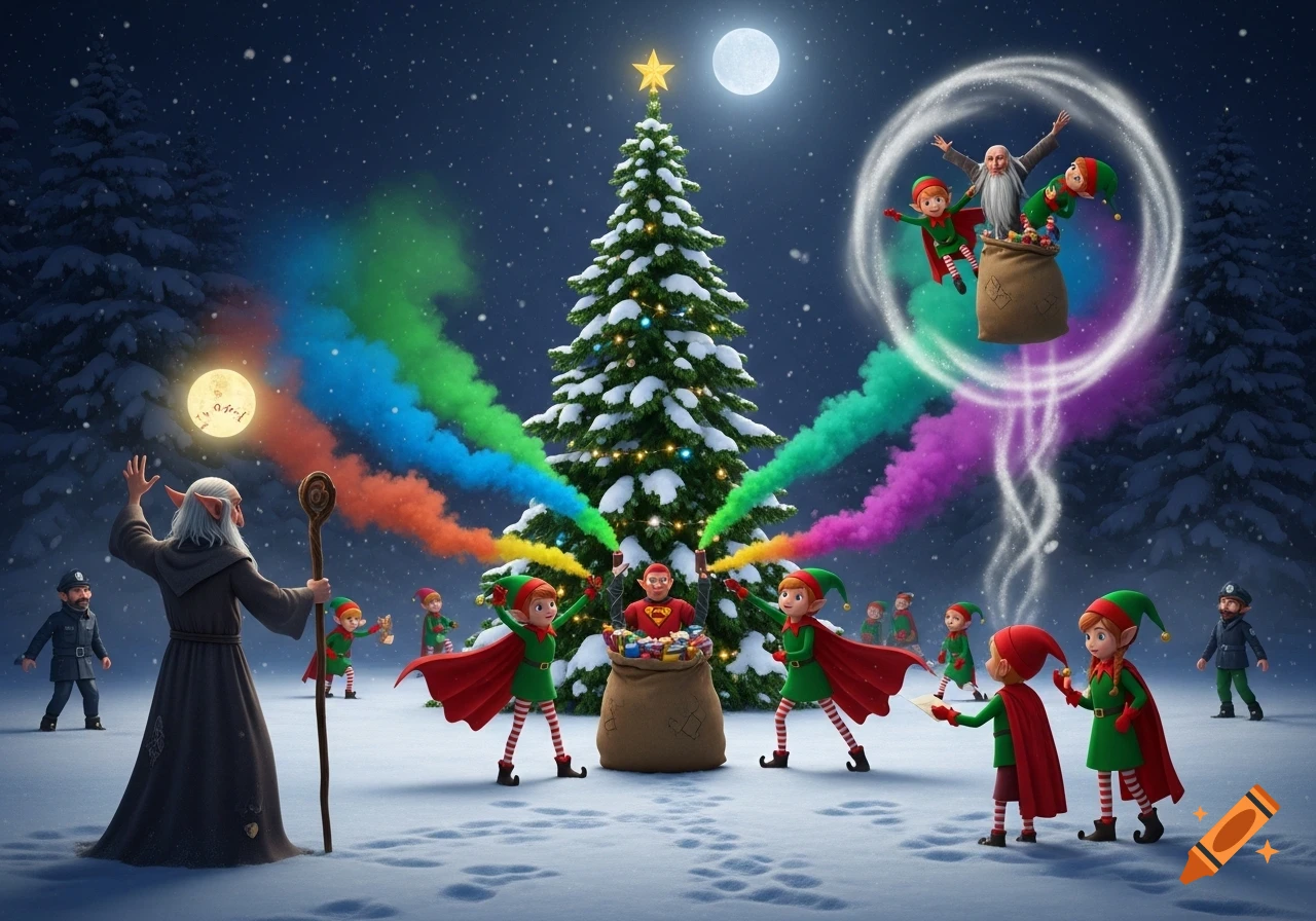 A festive winter scene with elves, a wizard, and a Christmas tree, amidst colorful smoke and floating figures under a full moon.