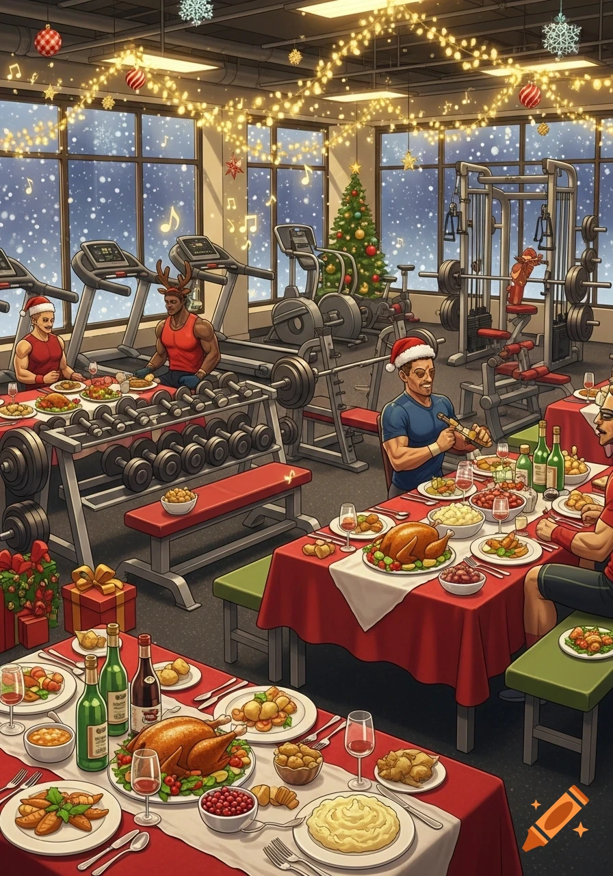 Cartoon of people enjoying Christmas dinner inside a decorated gym with snow falling outside.