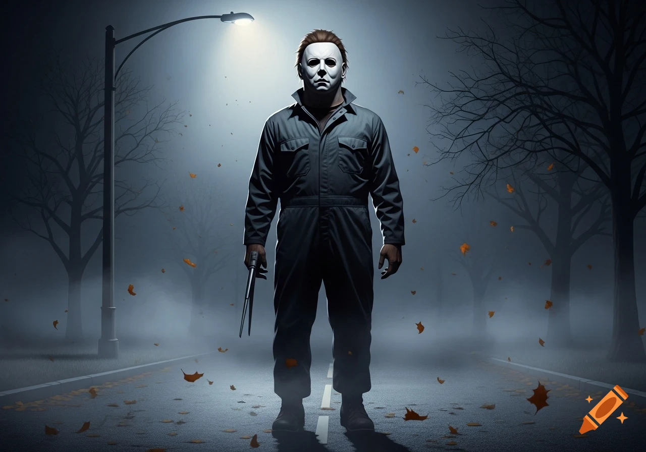 Michael Myers stands on a foggy, leaf-strewn road at night under a streetlamp, holding a knife, with bare trees in the background.