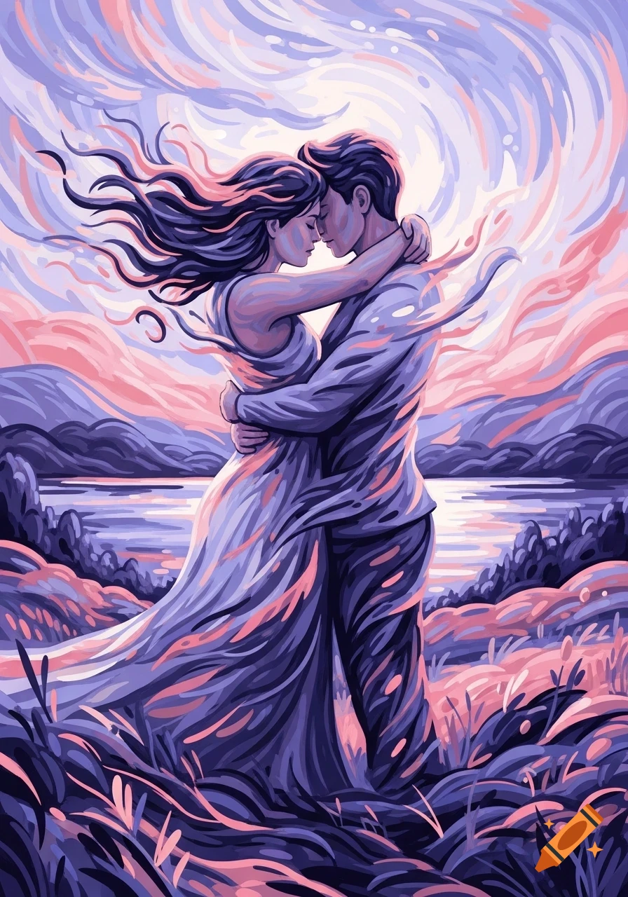 Post-impressionist painting of a couple embracing in a windswept purple and pink landscape with a lake and hills.