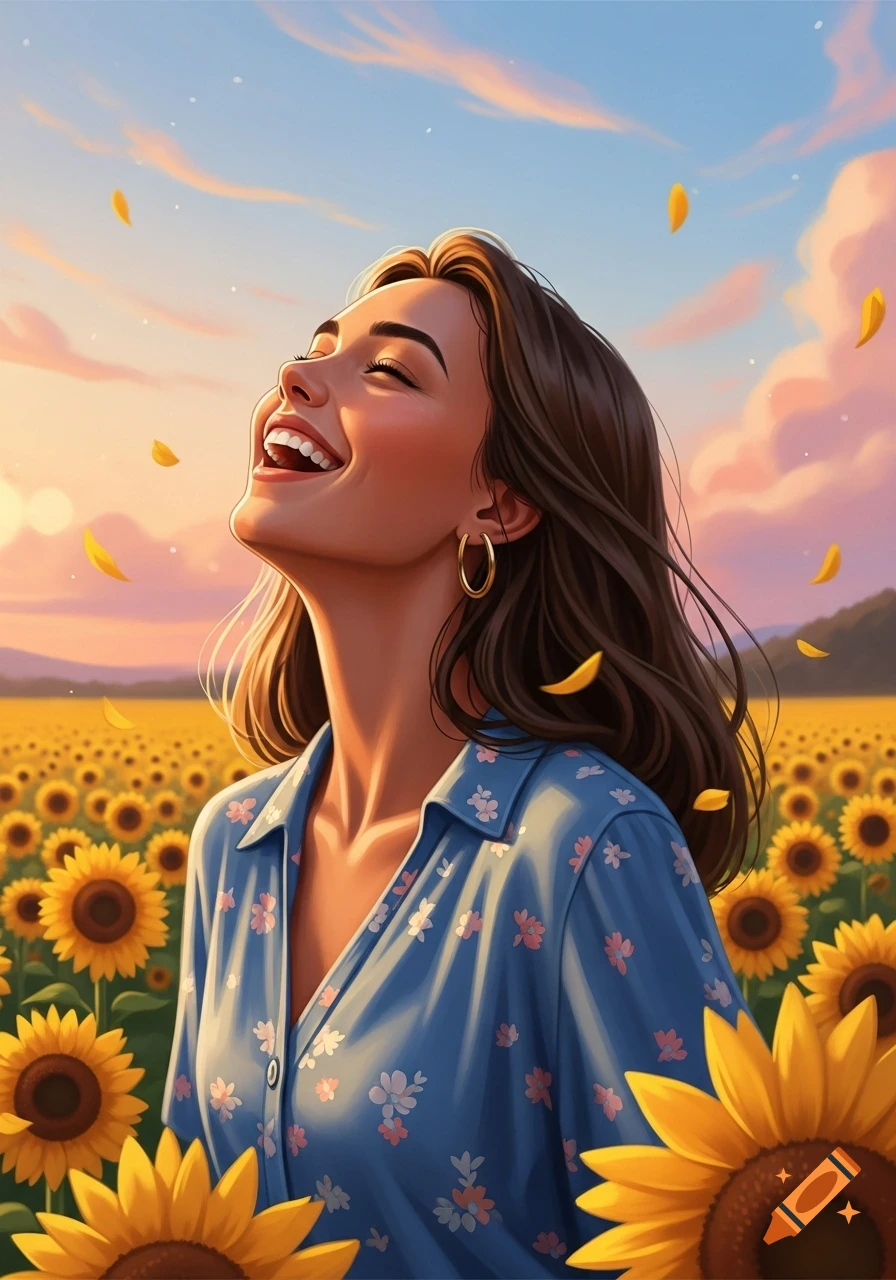 Joyful woman with brown hair laughs, looking up at a colorful sky in a vibrant sunflower field, digital art.