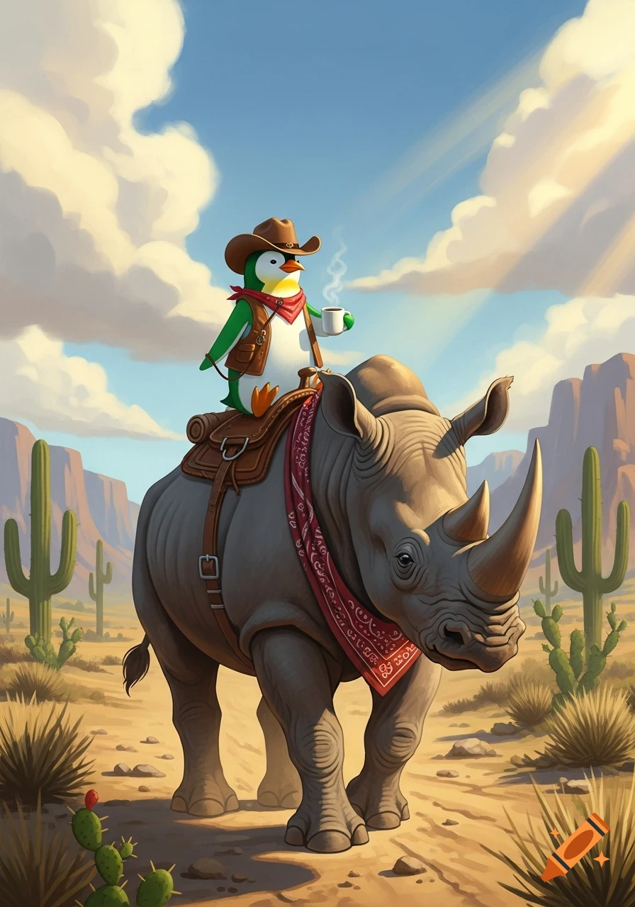 Cartoon illustration of a green penguin cowboy riding a saddled rhino in a desert, holding a steaming coffee cup.