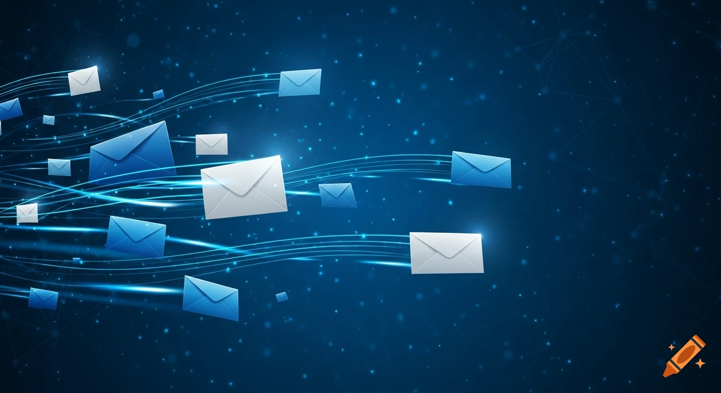 White and blue envelopes fly through a dark blue digital space with glowing light trails and scattered small lights, symbolizing email.
