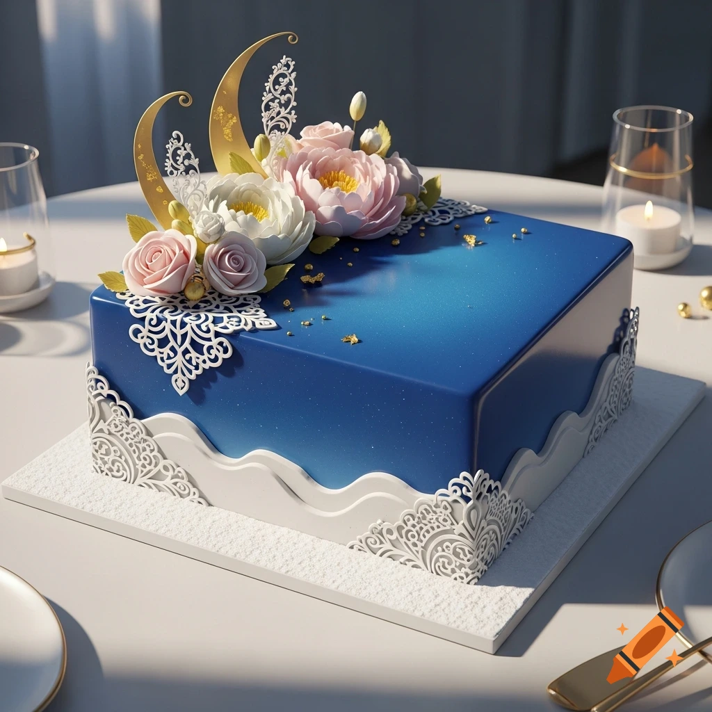 A square cake with dark blue glaze, white lace patterns, gold crescent moons, and pink, white, and yellow flowers, on a white table with lit candles.