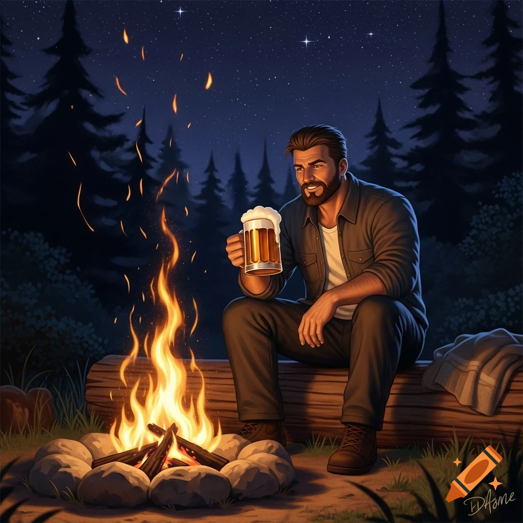 Bearded man sits by a campfire at night, holding a beer mug under a starry sky in a forest.