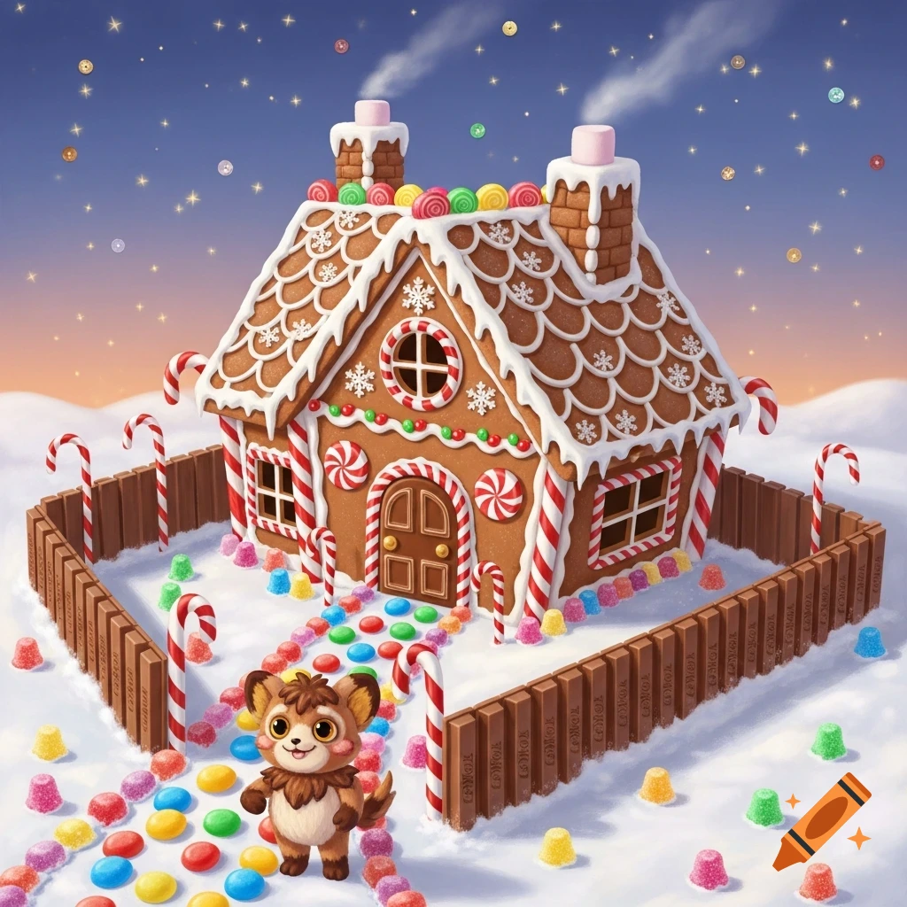 A whimsical gingerbread house in a snowy landscape, fenced by chocolate bars and candy canes. A cute brown creature stands on a candy path.