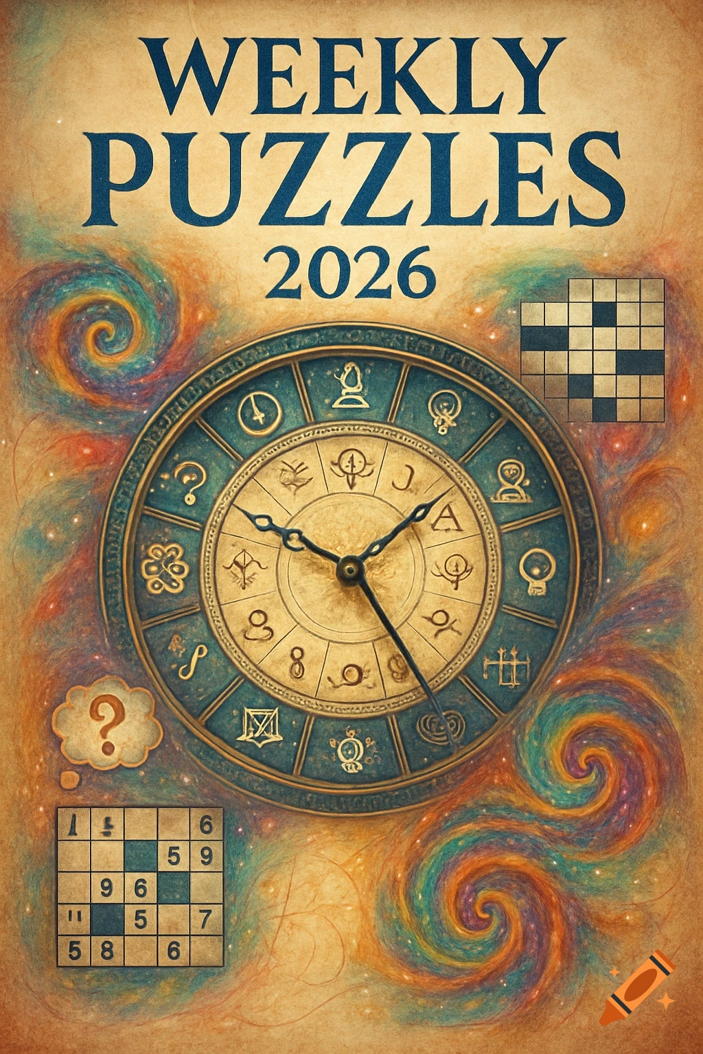 An antique-style book cover for 'WEEKLY PUZZLES 2026' featuring a large ornate clock dial with astrological symbols and two puzzle grids, all against a background of colorful cosmic swirls on aged parchment.