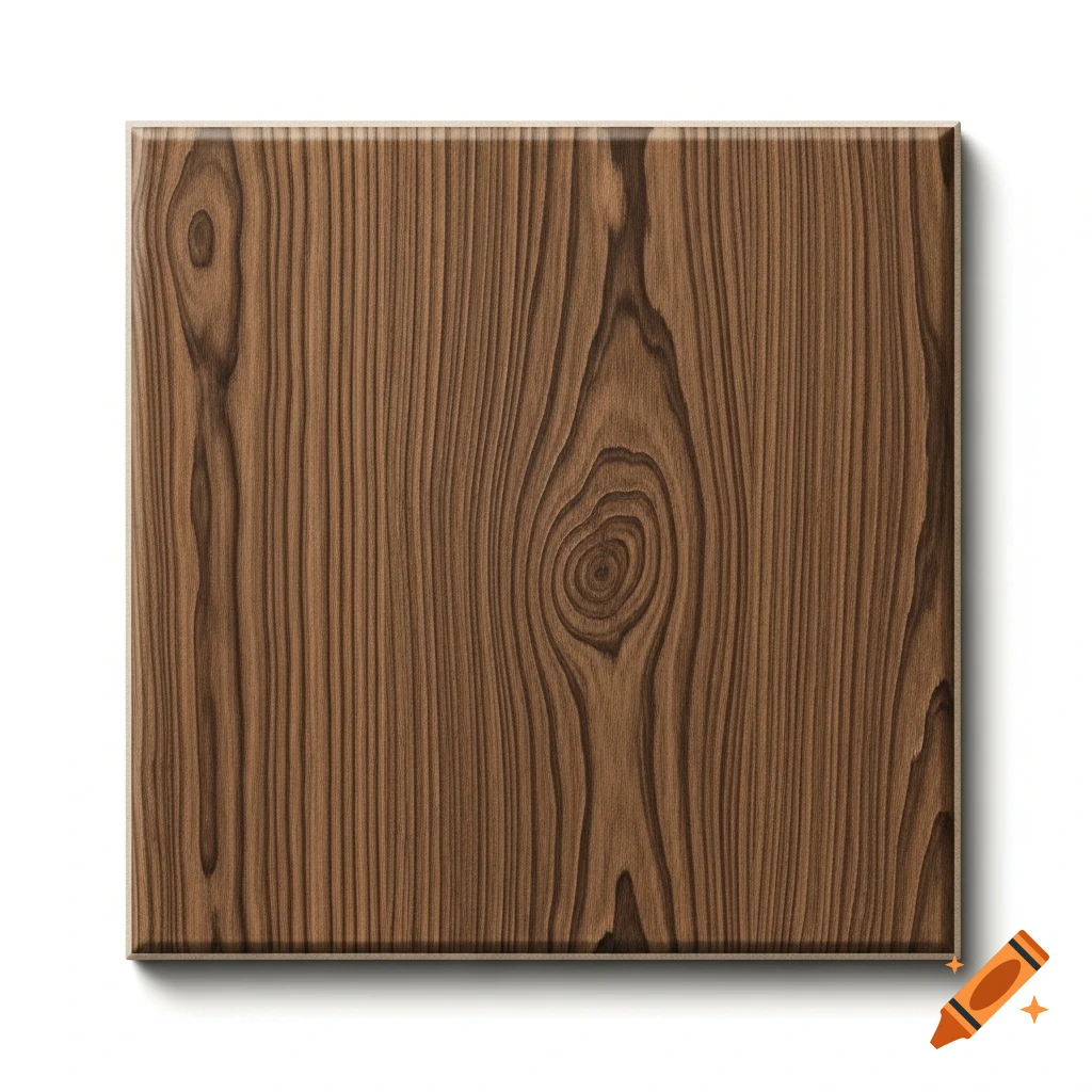 A photorealistic square brown wooden tile with natural grain patterns and knots, casting a subtle shadow.