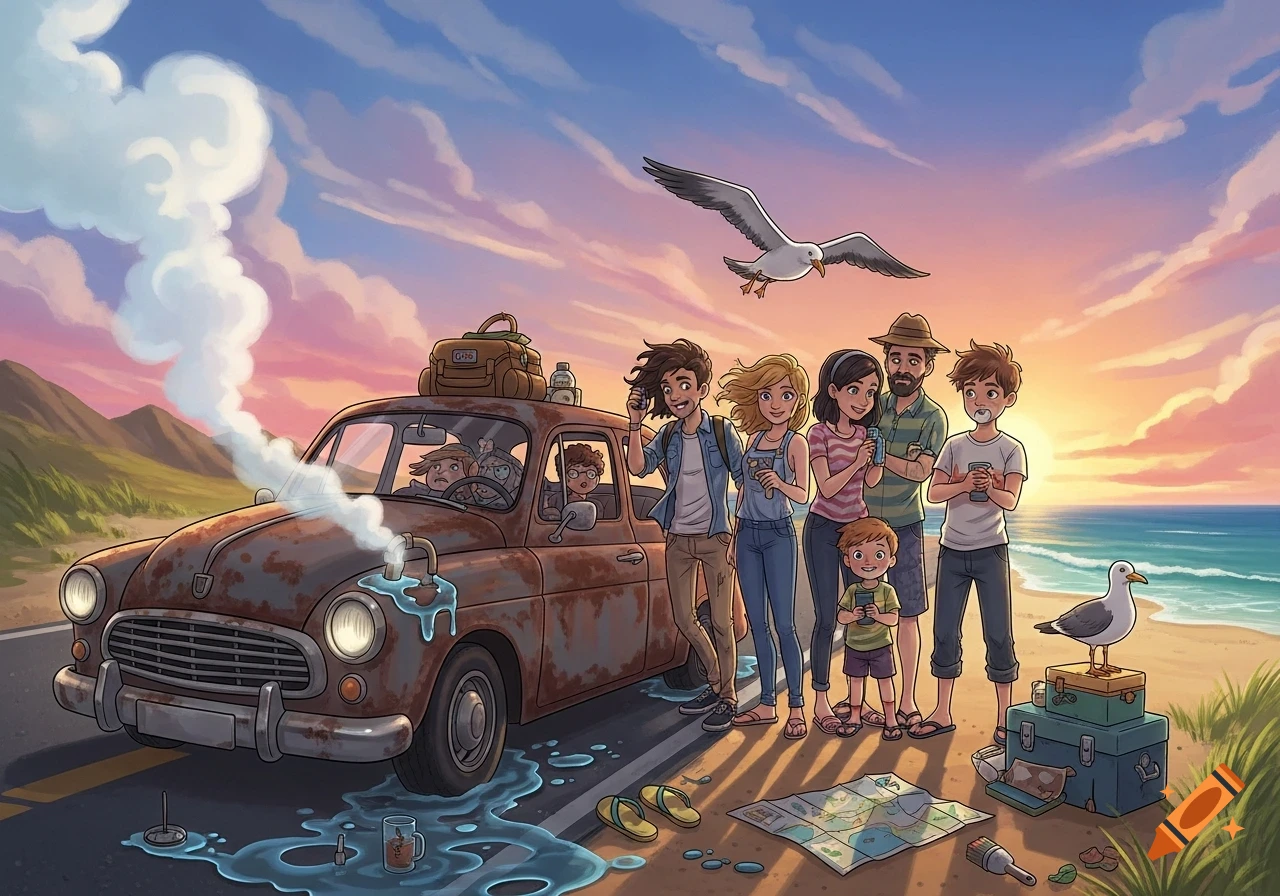 An illustrated family stands next to their broken-down, steaming, rusty car by a beach at sunset, with a seagull flying overhead.