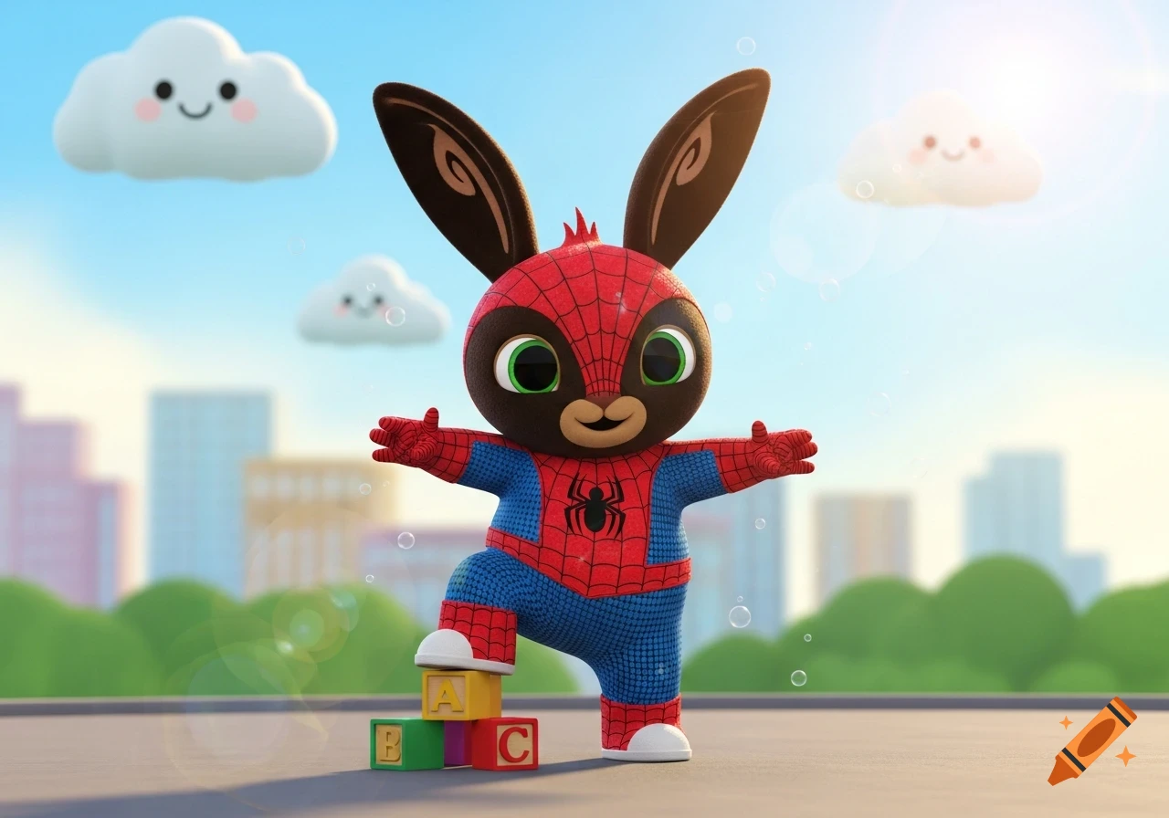 A cute brown cartoon rabbit, Bing Bunny, dressed as Spider-Man, stands with arms outstretched on colorful ABC blocks under a sunny sky.