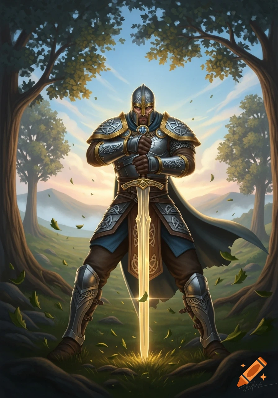 An armored knight stands solemnly, holding a glowing sword pointed into the ground, under arching trees in a grassy clearing.