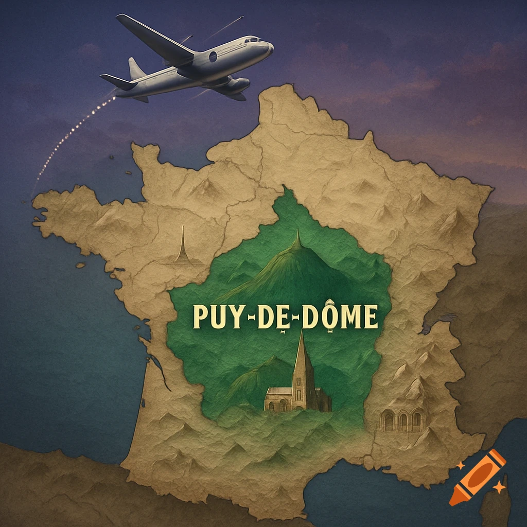 An illustration of a map of France with the "PUY-DE-DÔME" region highlighted in green, featuring a plane flying overhead.