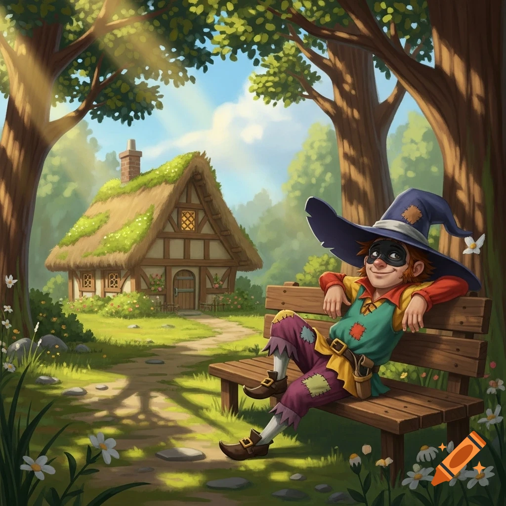 A whimsical character in a wide-brimmed hat and mask relaxes on a bench outside a cozy, thatched-roof cottage in a sun-dappled forest.