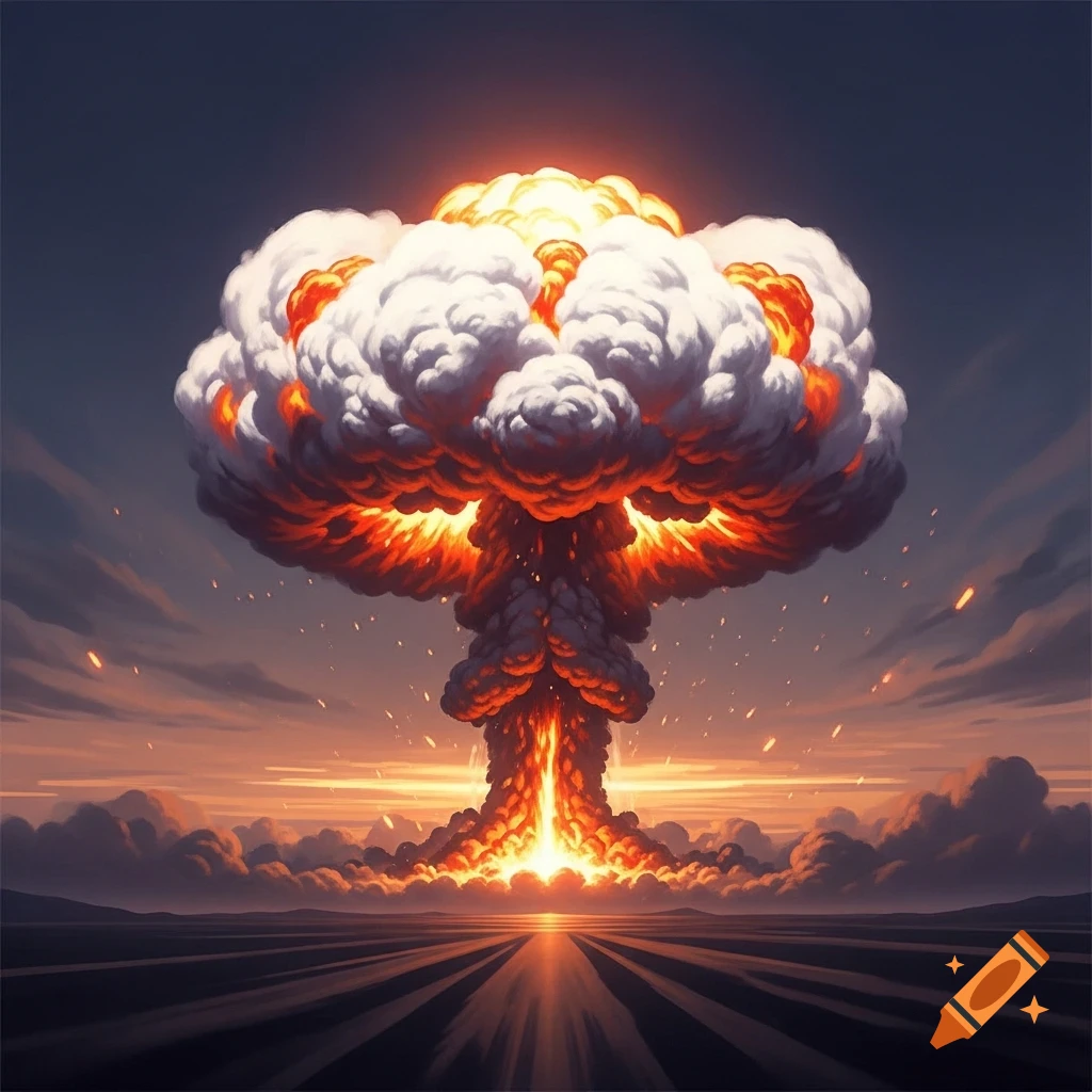 Stylized atomic mushroom cloud explosion against a fiery sunset over a dark, barren landscape.