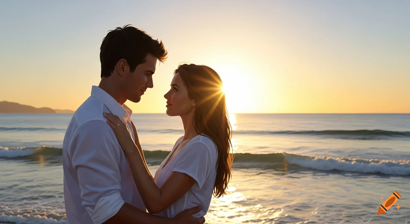 A man and woman embracing on a beach, gazing at each other during a ...