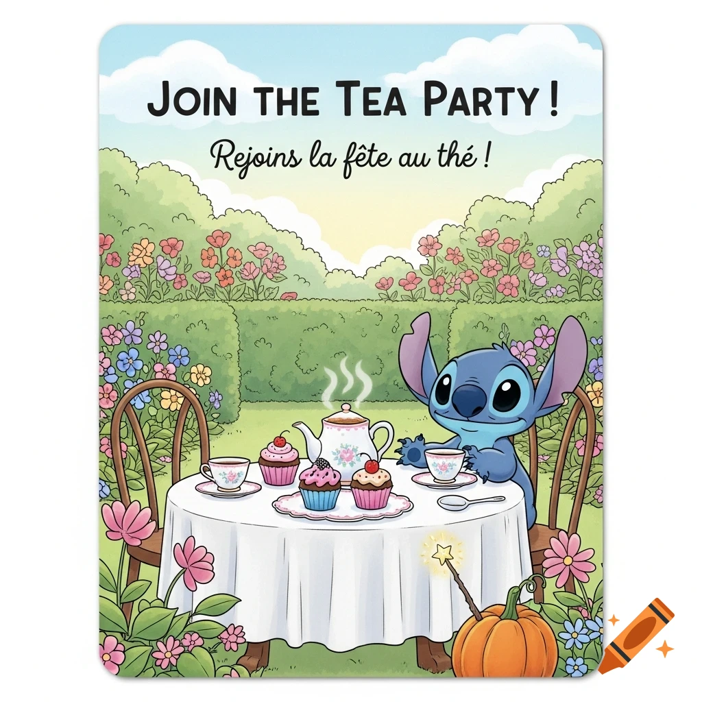 Cartoon Stitch-like character at a garden tea party with cupcakes, text 'Join the Tea Party!' and its French translation.