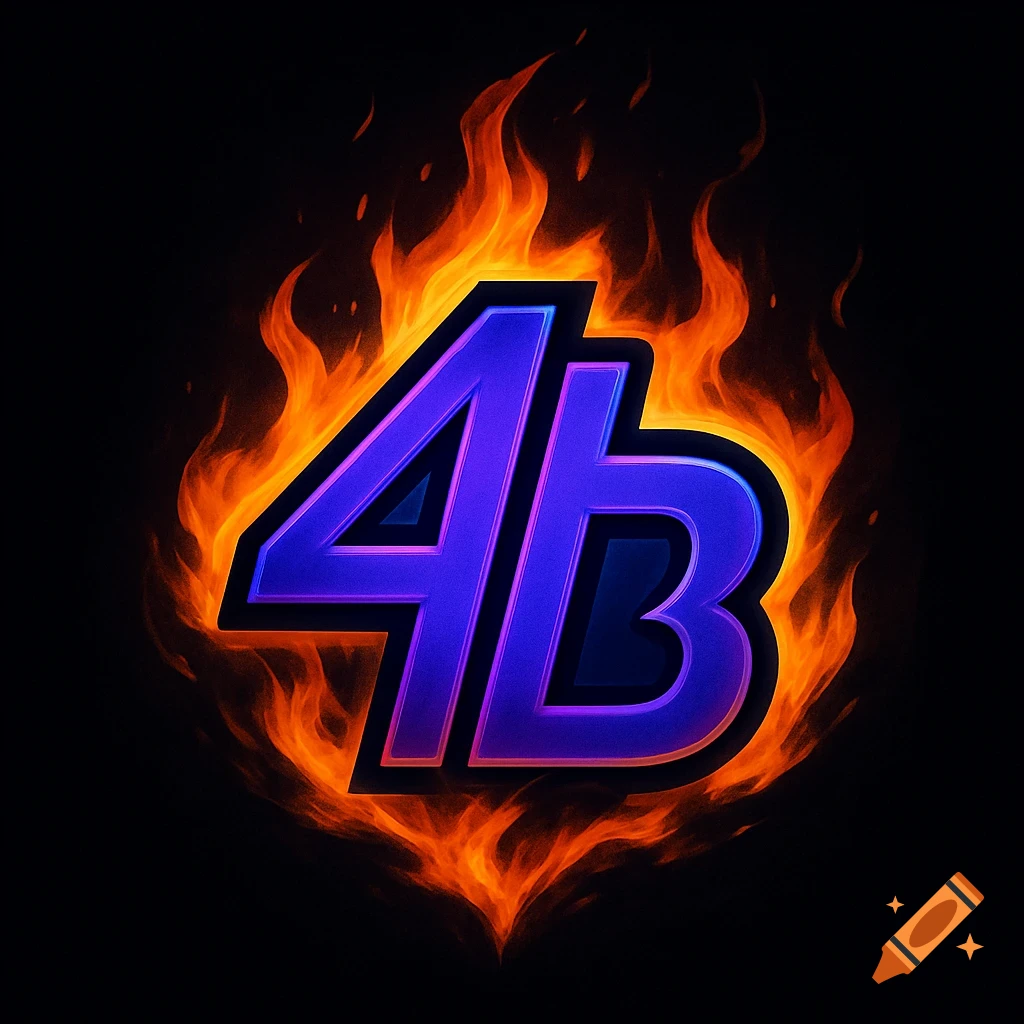 A purple and dark blue '4B' logo surrounded by orange flames on a black background.