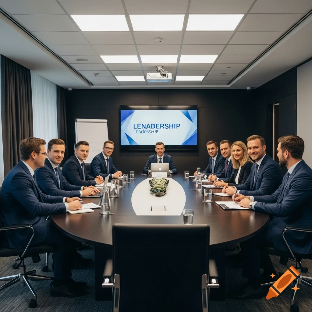 A group of professionals in suits sitting around a conference table in a modern meeting room, with "LENADERSHIP" displayed on a screen.