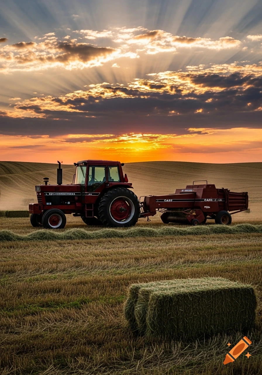 A red Case International tractor pulls a hay baler through a field at sunset, with golden light rays beaming through the clouds.
