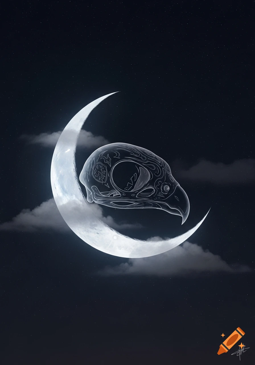 Crescent moon with an intricately patterned translucent falcon skull in a starry night sky with clouds.