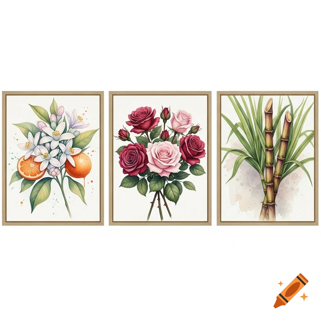 Three watercolor framed paintings showing orange blossoms, roses, and sugarcane stalks.