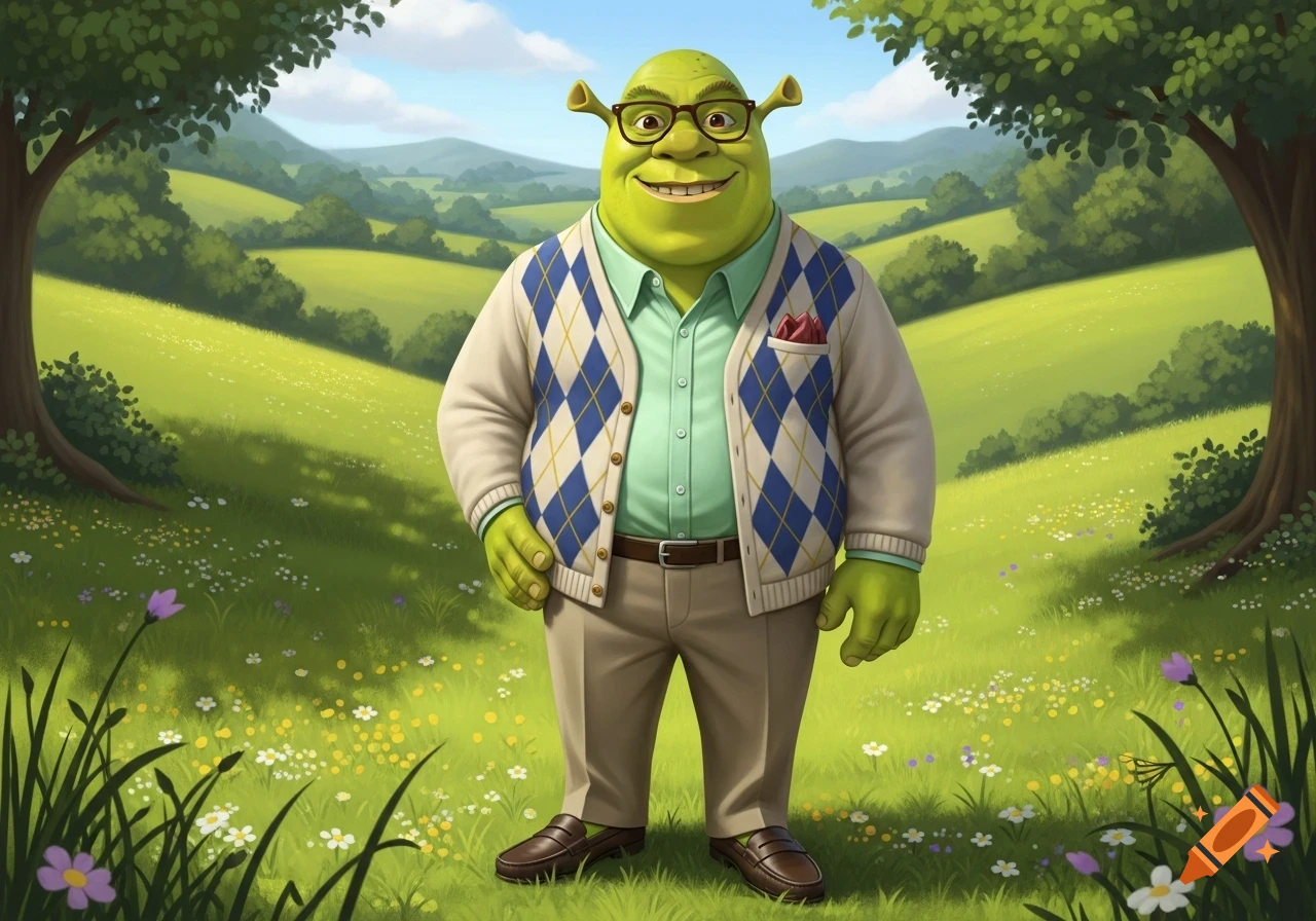 A smiling, preppy Shrek wearing glasses, an argyle cardigan, and loafers stands in a sunny, flower-filled green field with rolling hills.