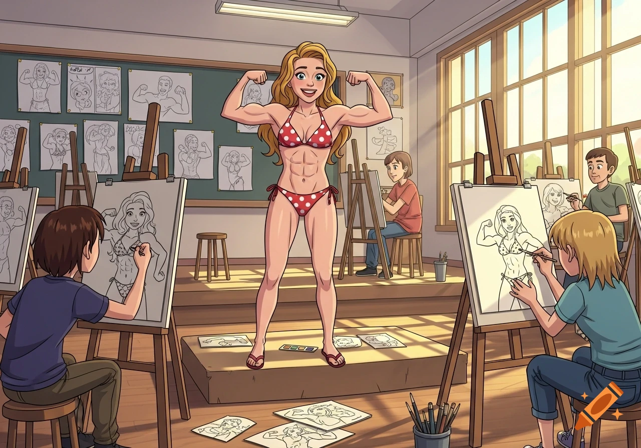 A muscular woman in a red polka-dot bikini poses flexing her biceps for students drawing her in a cartoon art class.