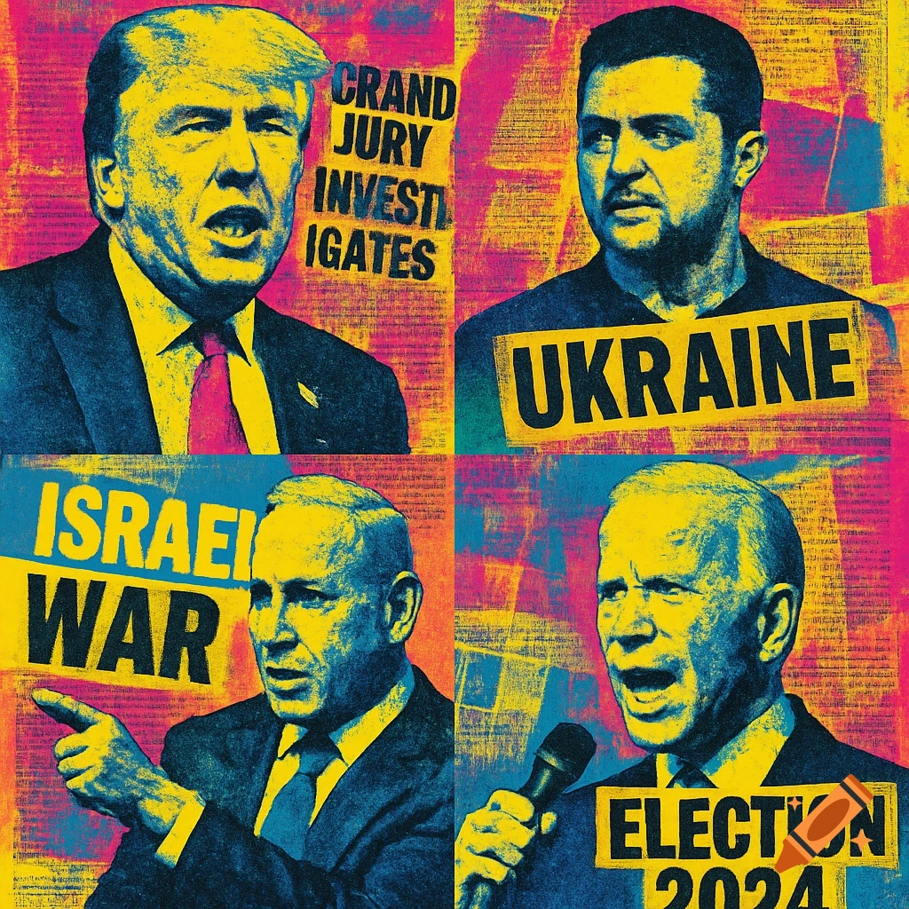 Warhol-esque pop art collage of Donald Trump, Volodymyr Zelenskyy, Benjamin Netanyahu, and Joe Biden, with political text.