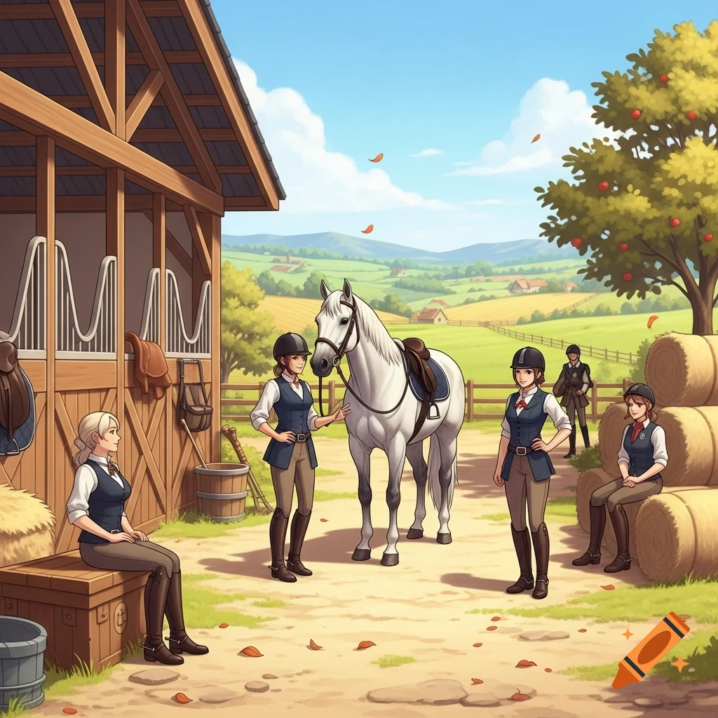 Anime style illustration of women in equestrian gear with a white horse at a stable in a rural landscape.