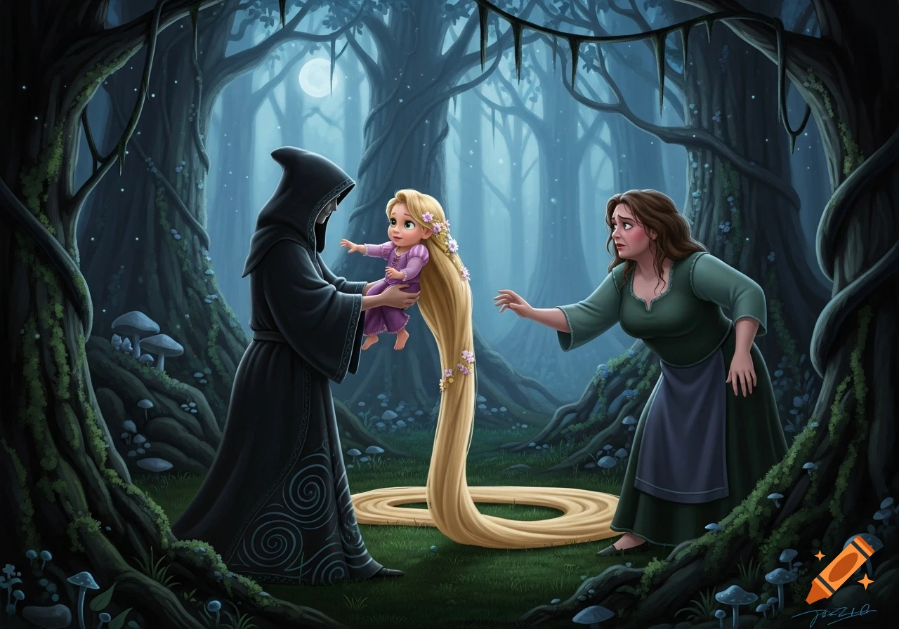 An illustration of a cloaked figure holding baby Rapunzel with long golden hair, while Mother Gothel looks on in concern in a dark forest under a full moon.