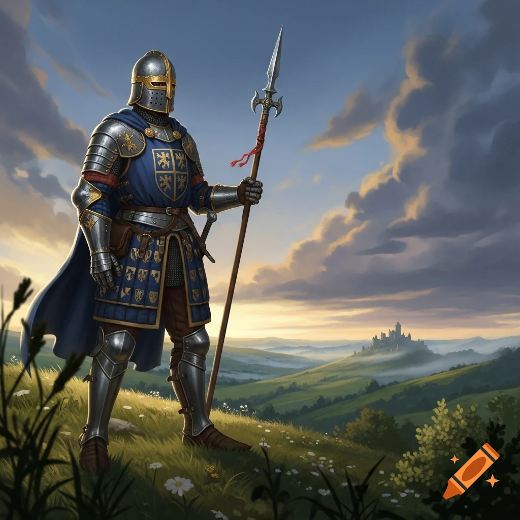 A knight in blue and silver armor with a gilded helmet stands on a grassy hill holding a spear, with a distant castle in a valley at sunset.