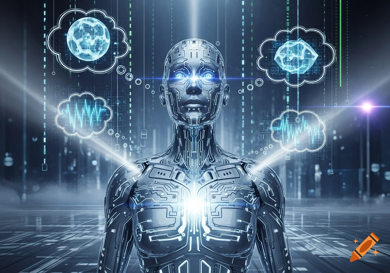 A metallic humanoid robot with glowing blue eyes and chest, surrounded by floating thought bubbles depicting abstract data, in a futuristic setting.