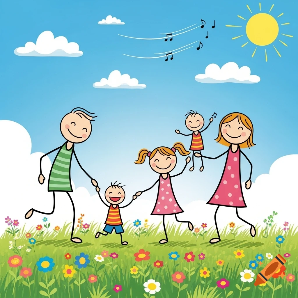 A simple stick figure illustration of a family running through a flowery field under a sunny sky with musical notes.