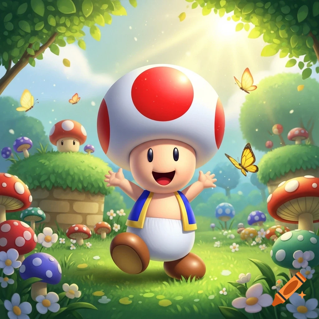 Happy cartoon Toad character with a red and white mushroom head, arms wide, walking through a vibrant, sunny forest with colorful mushrooms and butterflies.