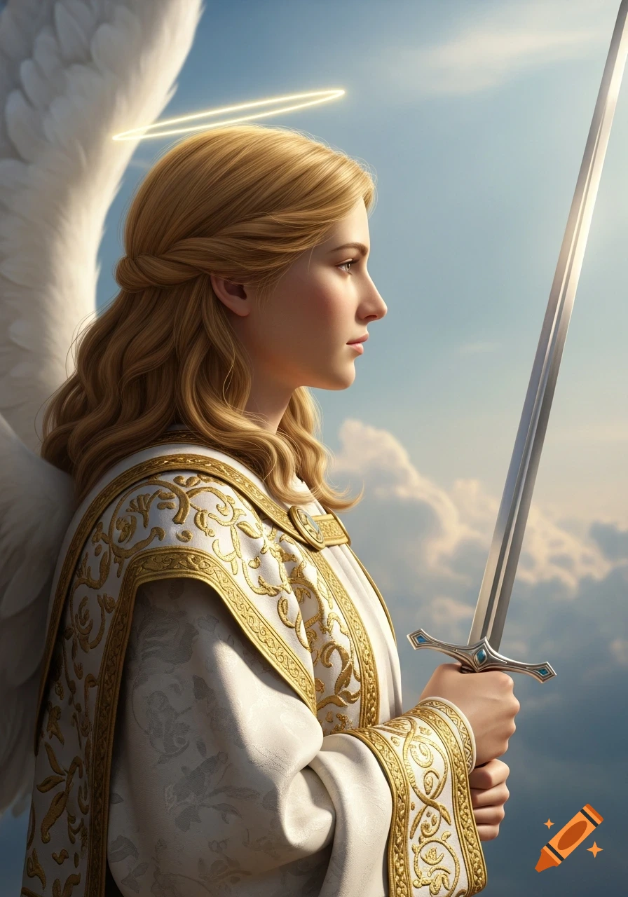 Profile view of a blonde angel with a halo and large white wings, holding a silver sword against a bright sky.