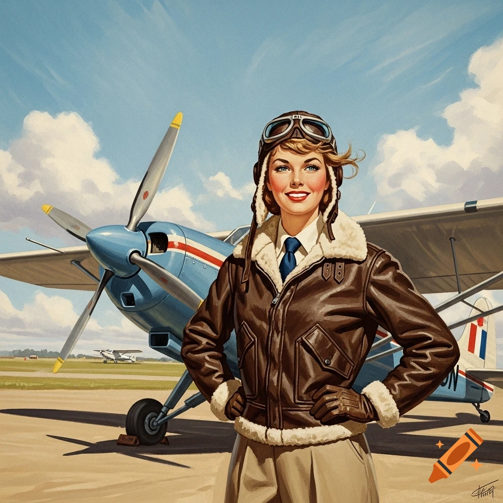 A smiling woman aviator in a leather jacket and goggles stands before a blue light aircraft on an airfield, vintage illustration.