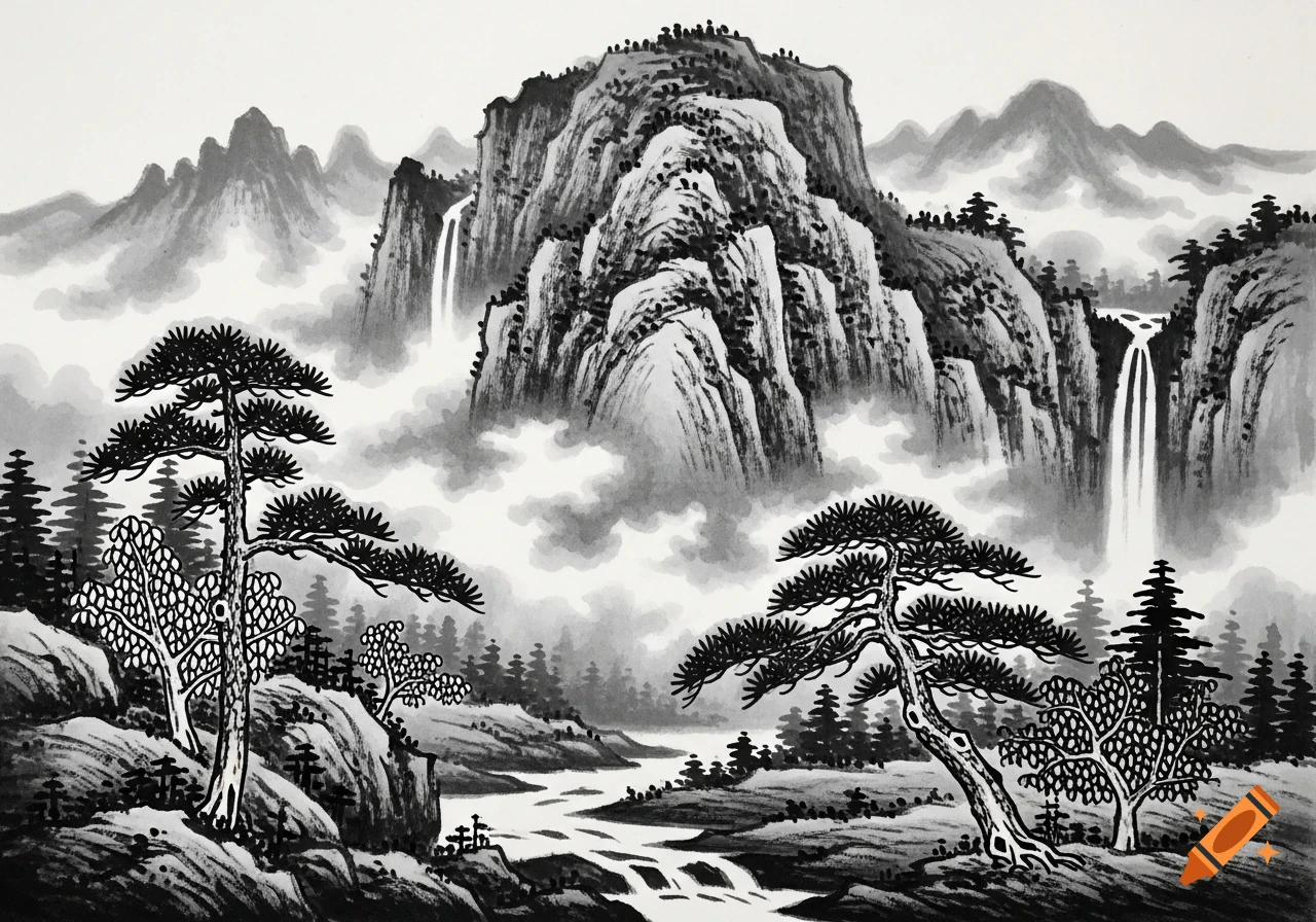 Black and white ink wash painting of a mountainous landscape with pine trees, waterfalls, clouds, and a winding river.