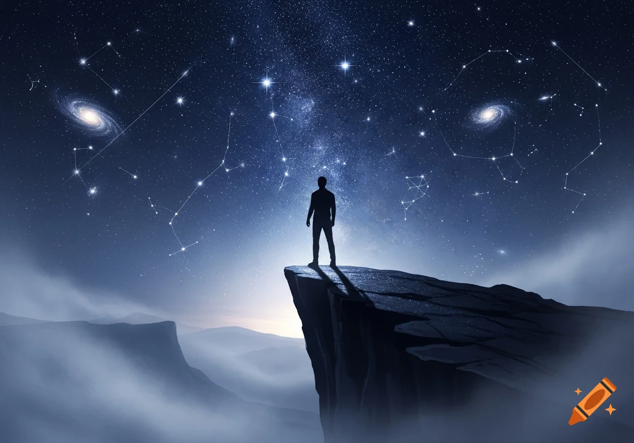 A silhouette of a man stands on a cliff overlooking a mystical, star-filled night sky with galaxies.
