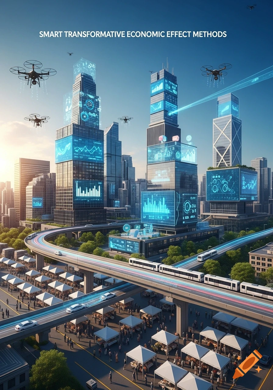 A vibrant futuristic city with skyscrapers featuring digital displays, elevated highways with glowing trails, trains, drones flying overhead, and a bustling market below. The text "SMART TRANSFORMATIVE ECONOMIC EFFECT METHODS" is at the top.