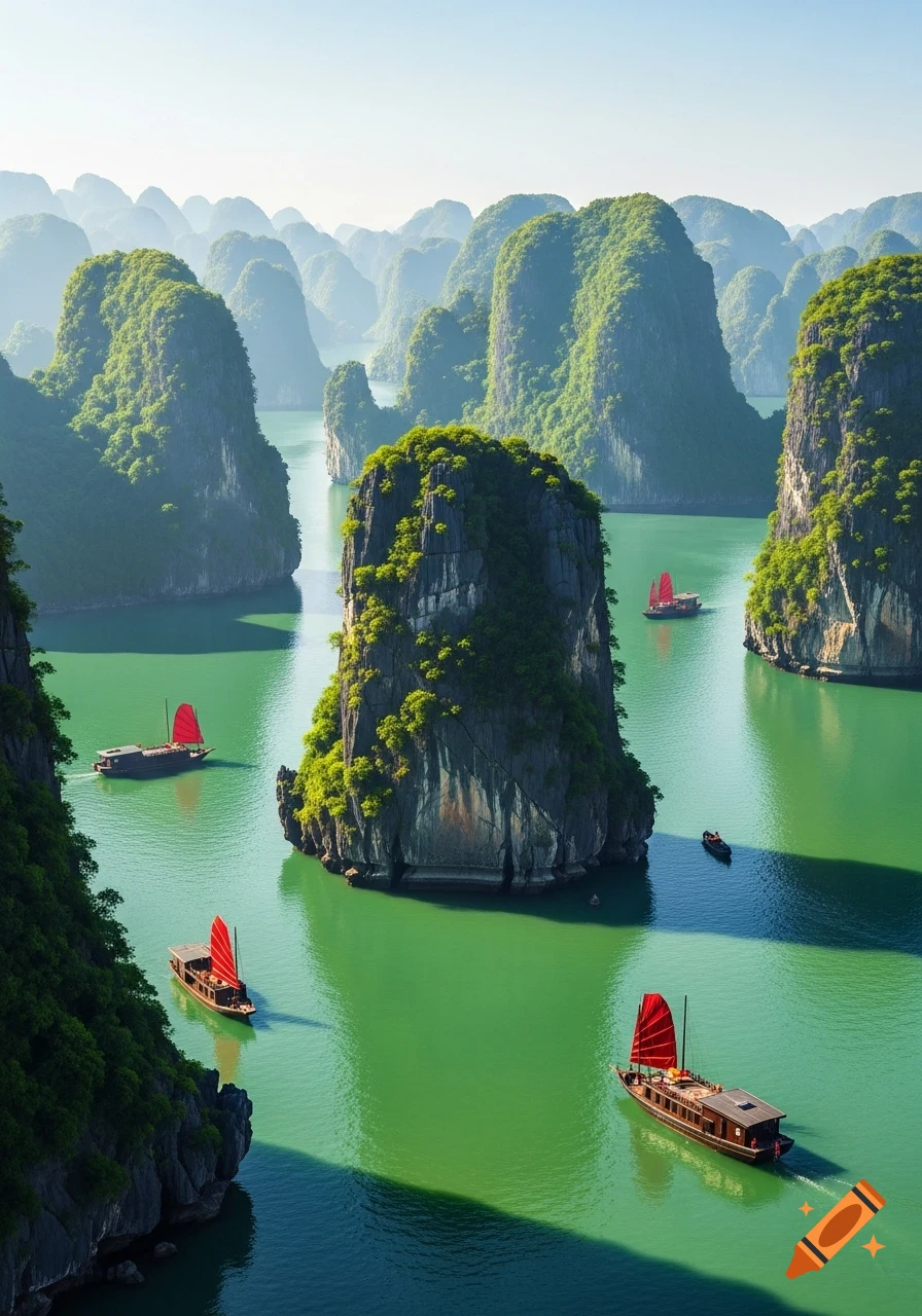 Lush green limestone islands rise from emerald waters, with traditional wooden boats and red sails navigating the bay under a clear sky.