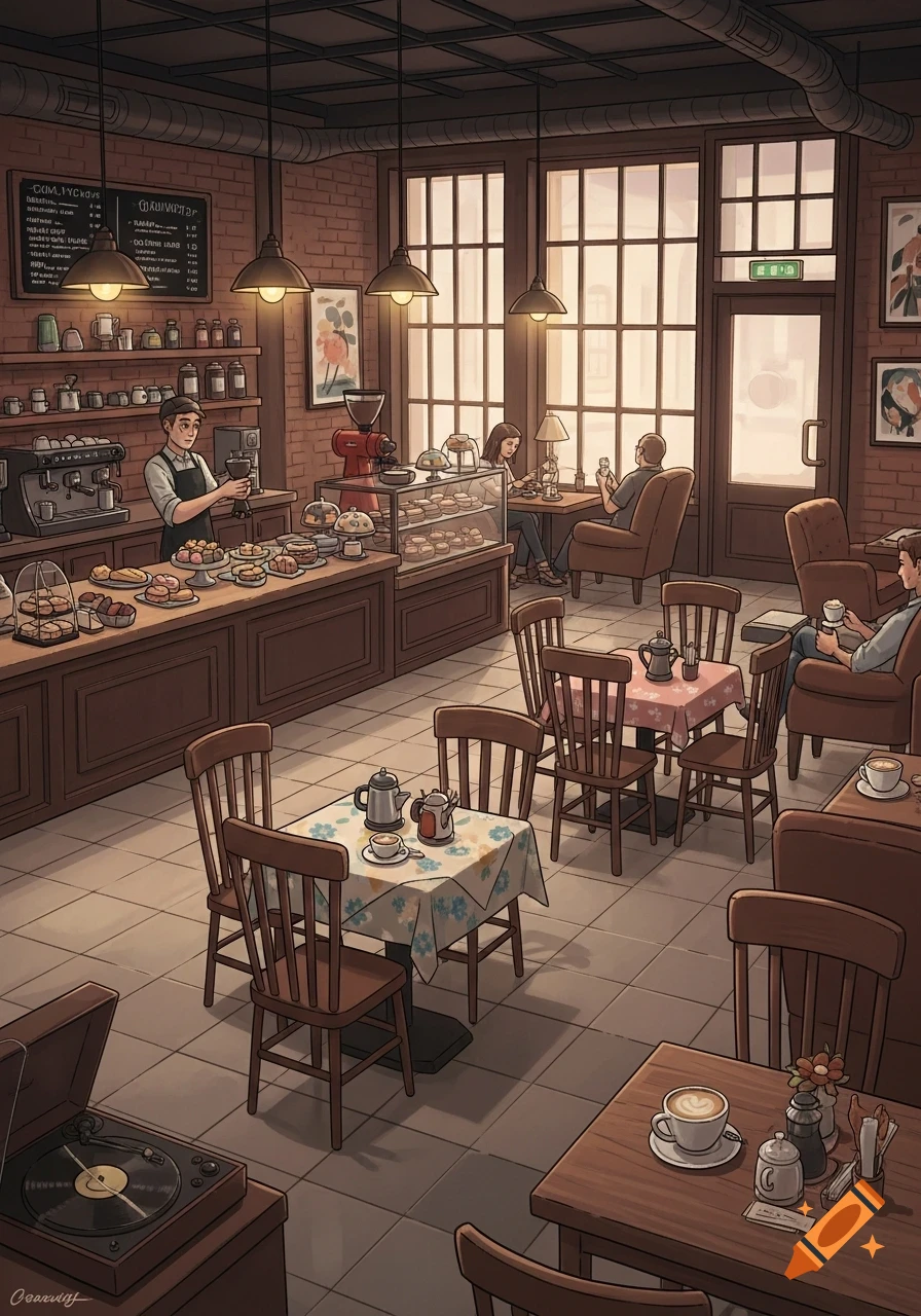 An inviting illustrated coffee shop interior with customers, a barista, and display cases filled with pastries, rendered in a warm, cozy style.