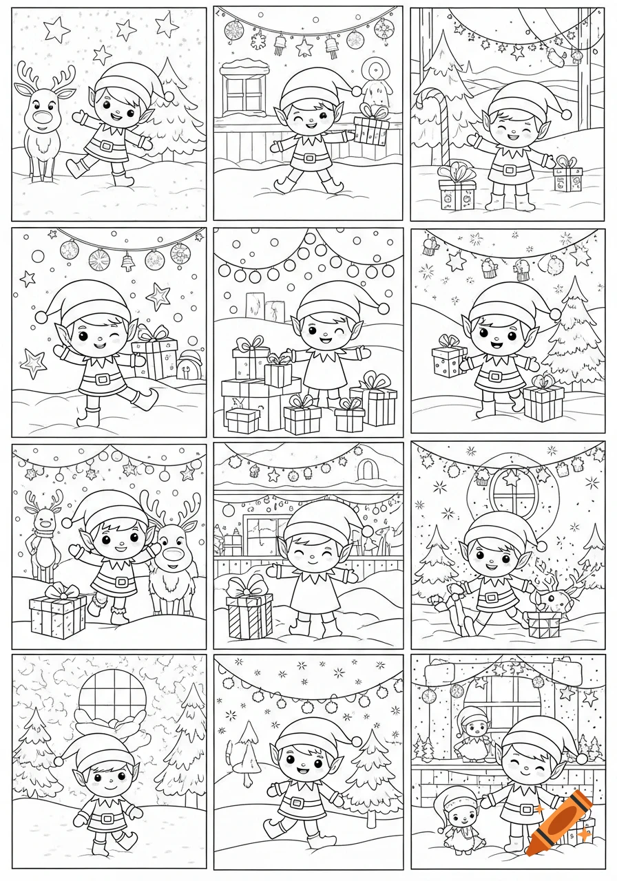 Twelve black and white line art coloring pages of cute Christmas elves with reindeer and presents in snowy scenes.