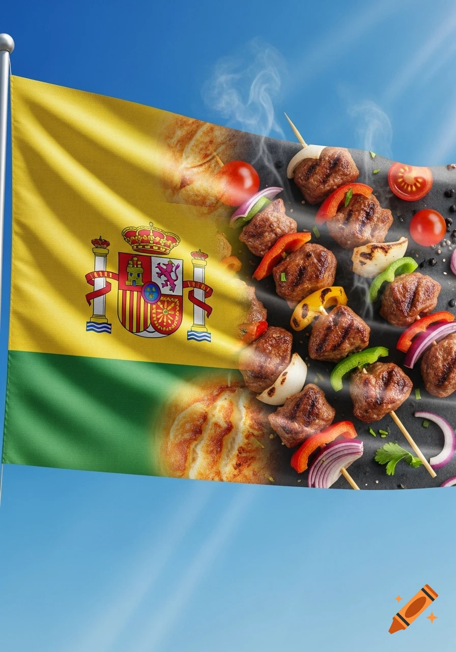 A Spanish flag blends into a background featuring grilled meat skewers, vegetables, and bread against a bright blue sky.