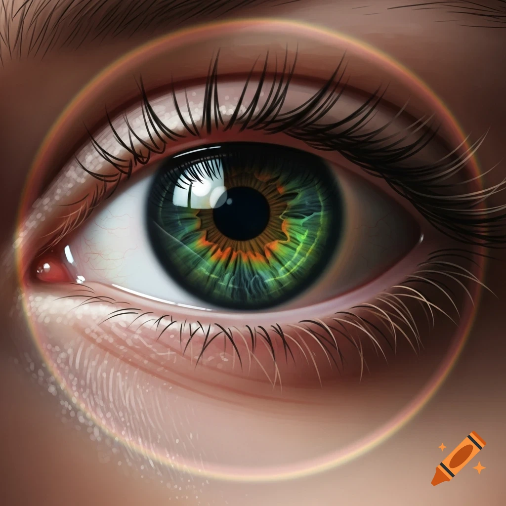 A vibrant, detailed illustration of a human eye with a green and orange iris, surrounded by a subtle rainbow halo.