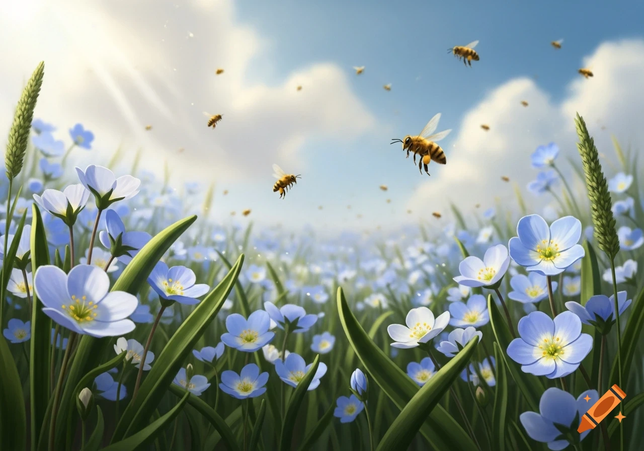 A close-up of a vibrant meadow filled with blue and white flowers under a sunny sky, with many bees flying around.