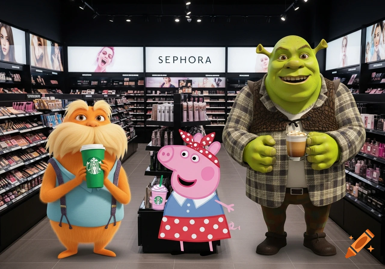 The Lorax, Peppa Pig, and Shrek are standing inside a brightly lit Sephora store, holding Starbucks drinks. The Lorax and Shrek smile directly at the viewer.