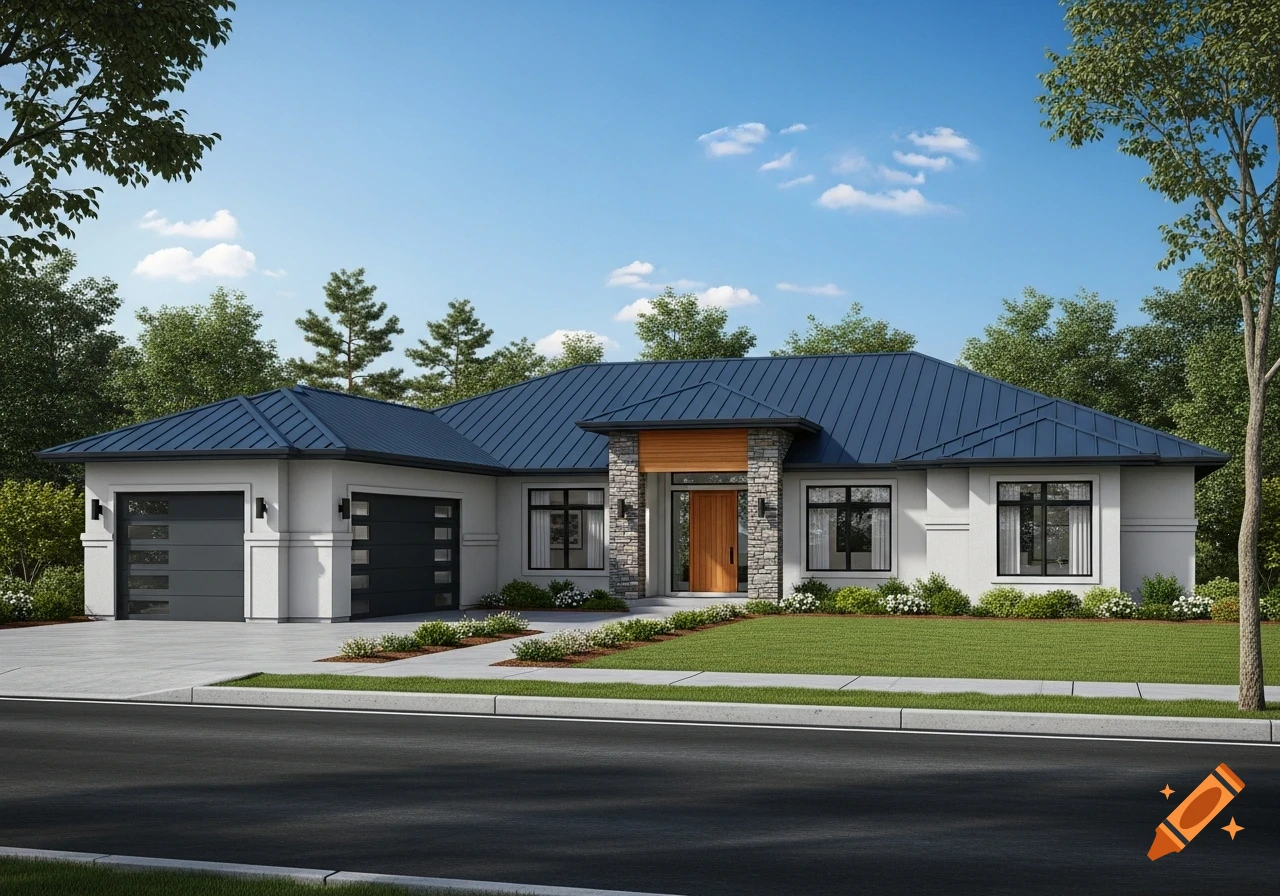Photorealistic modern single-storey house with blue metal roof, white walls, stone entry, wooden door, and double garage, on a green lawn.