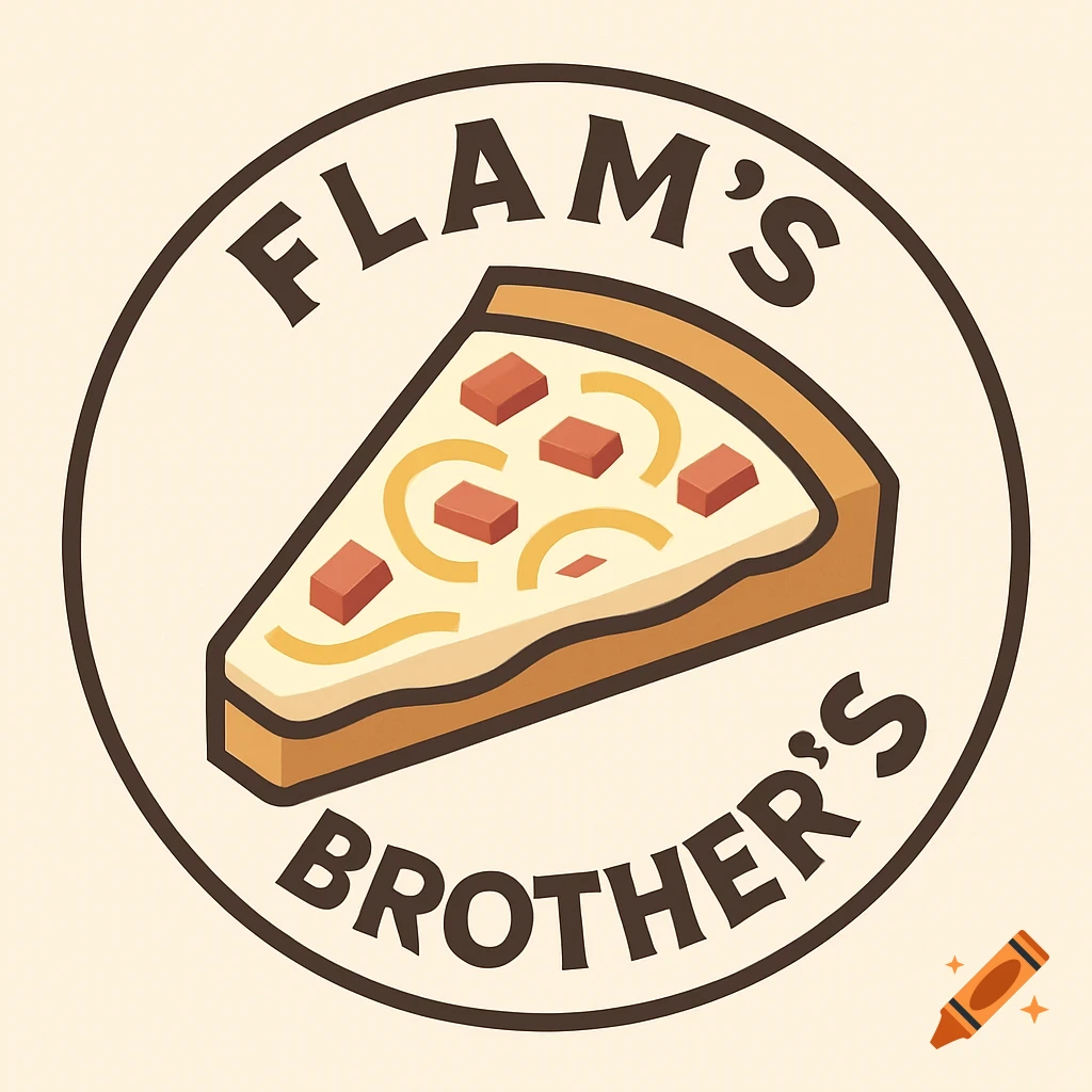 Round logo for Flam's Brother's with a stylized slice of pizza in the center, on a light background.