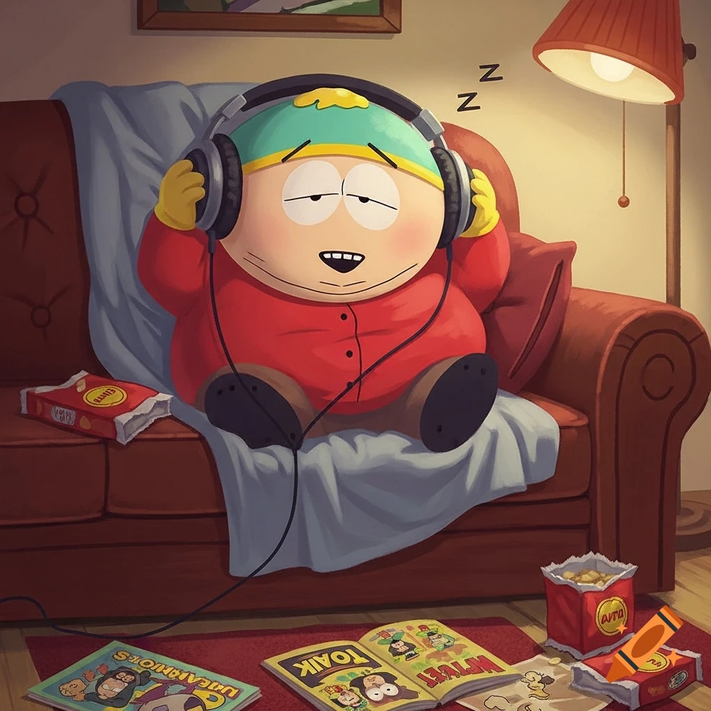 Cartoon character Cartman from South Park sleeping peacefully on a couch with headphones, surrounded by snacks and books, in a cozy room.