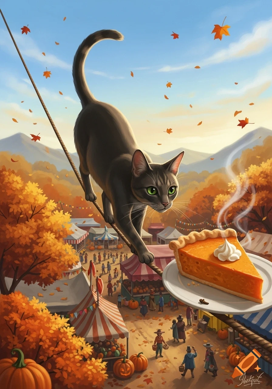 A whimsical gray cat balances a pumpkin pie on a tightrope above a bustling autumn festival with fall foliage and distant mountains.
